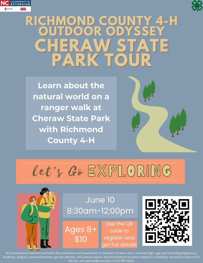 flyer for a tour of Cheraw State Park open to 4-H'ers. 