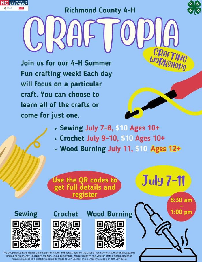 Richmond County 4-H CRAFTOPIA crafting workshops July 7-11 — sewing, crochet, wood burning