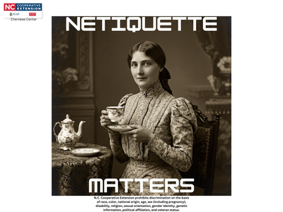 Woman in Victorian dress holding teacup and saucer; text "NETIQUETTE MATTERS"