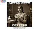 Woman in Victorian dress holding teacup and saucer; text "NETIQUETTE MATTERS"