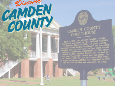 Historic Camden County Courthouse and marker; overlay text "Discover CAMDEN COUNTY"