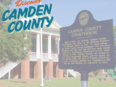 Historic Camden County Courthouse and marker; overlay text "Discover CAMDEN COUNTY"