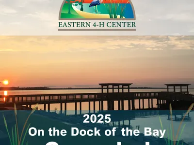 Sunset dock with Eastern 4‑H Center logo; text: "2025 On the Dock of the Bay Canceled"