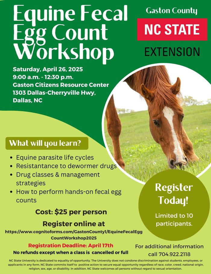 Equine Fecal Egg Count Workshop flyer — Apr 26, 2025, Dallas NC; $25; Register by Apr 17