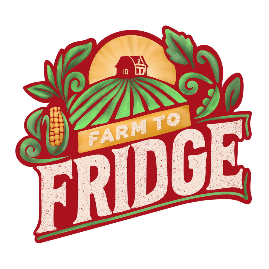 Barn and sun over fields with corn and leaves, text "FARM TO FRIDGE"