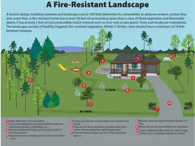 This image describes what all to consider when thinking about fire-wise landscaping