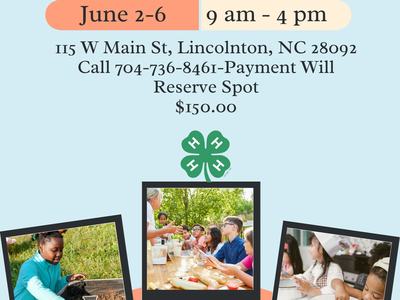 Save the Date: 4-H Discovery Camp June 2–6, 9am–4pm, 115 W Main St Lincolnton NC $150