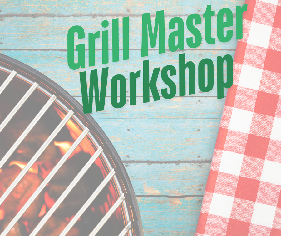 Charcoal grill with flames and red checkered cloth on wood; text "Grill Master Workshop"