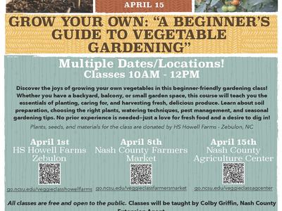 NC Cooperative Extension: Grow Your Own — Beginner's vegetable gardening, Apr 1, 8, 15, 10AM–12PM