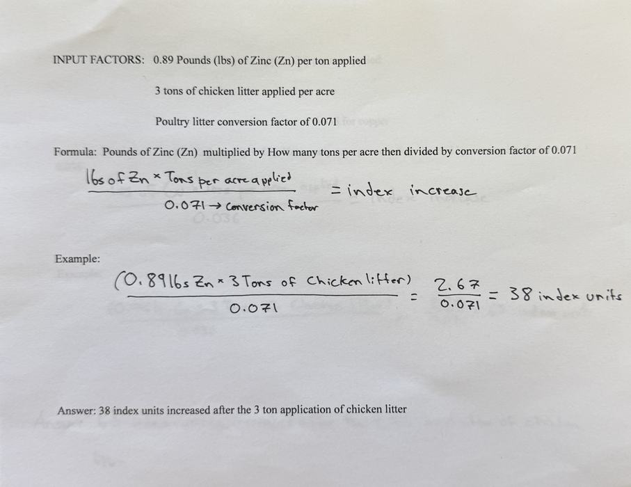 Printed calculation: 0.89 lbs Zn/ton × 3 tons/acre ÷ 0.071 = 38 index units