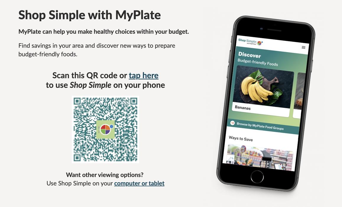 Photo of a smartphone showing the Shop Simple with MyPlate app.
