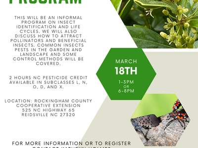 Insect Program flyer: March 18th, 1–3PM or 6–8PM; bee on flower and insect photos.