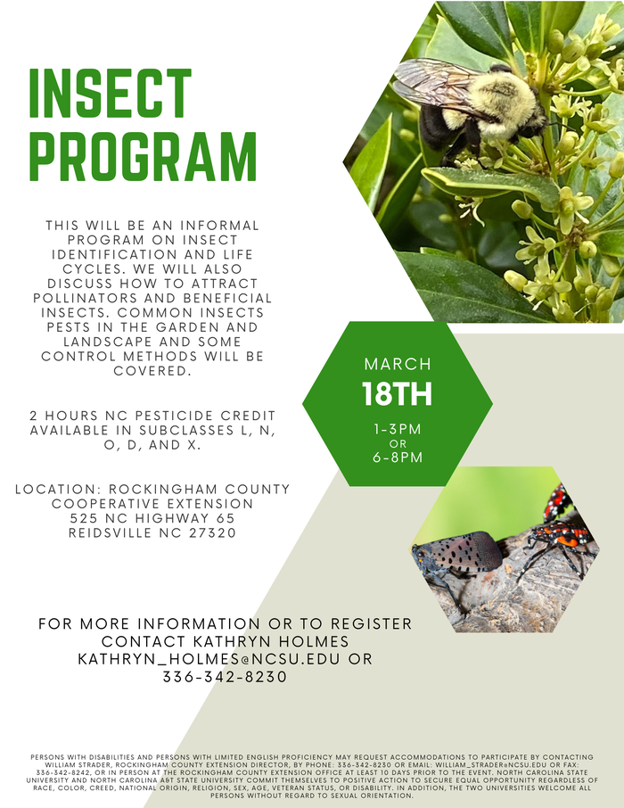 Insect Program flyer: March 18th, 1–3PM or 6–8PM; bee on flower and insect photos.