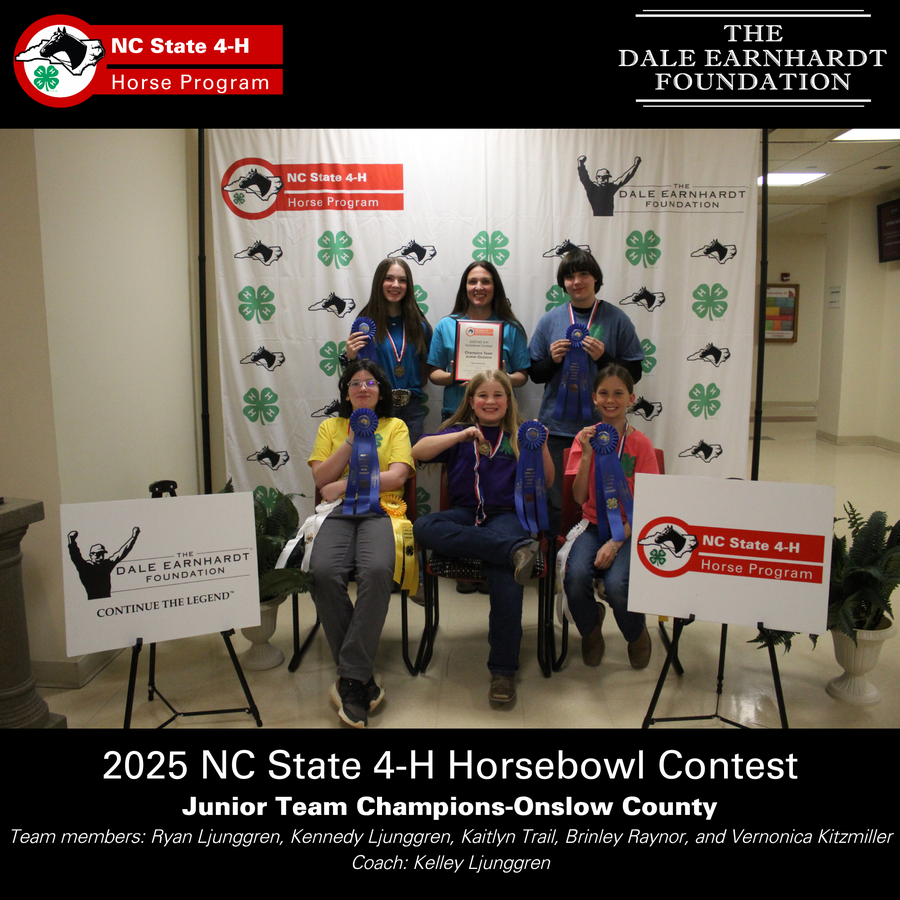 2025 NC State 4-H Horsebowl Contest  Junior Team Champions-Onslow County  Team members: Ryan Ljunggren, Kennedy Ljunggren, Kaitlyn Trail, Brinley Raynor, and Vernonica Kitzmiller  Coach: Kelley Ljunggren