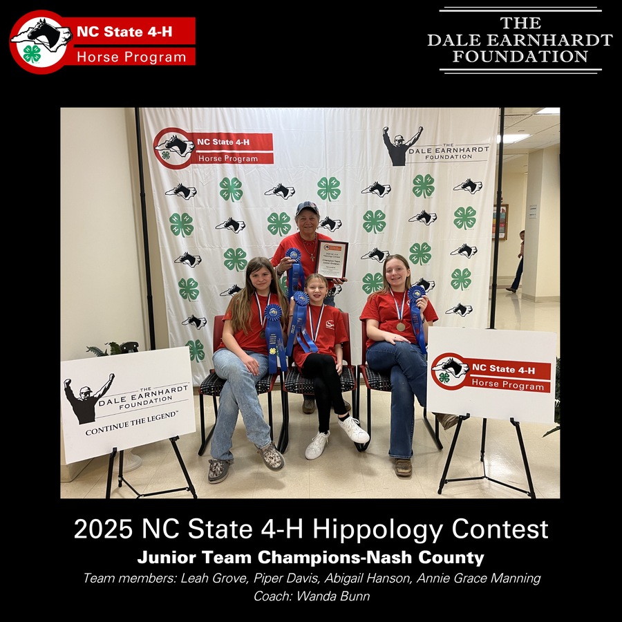 2025 NC State 4-H Hippology Contest Junior Team Champions-Nash County Team members: Leah Grove, Piper Davis, Abigail Hanson, Annie Grace Manning Coach: Wanda Bunn