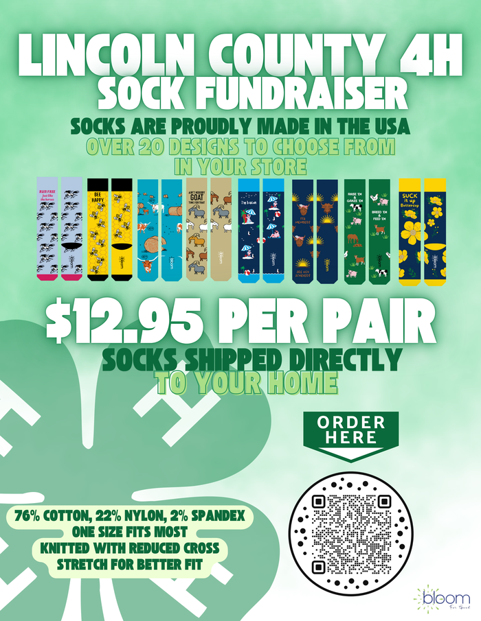 Lincoln County 4H sock fundraiser poster showing sock designs and price $12.95 per pair