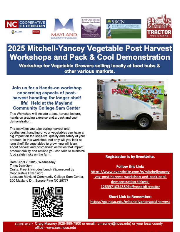 Flyer: 2025 Mitchell‑Yancey Vegetable Post Harvest Workshops and Pack & Cool Demonstration