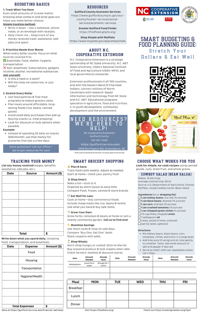 Smart budgeting and food planning guide flyer with QR code, meal planner, and grocery tips