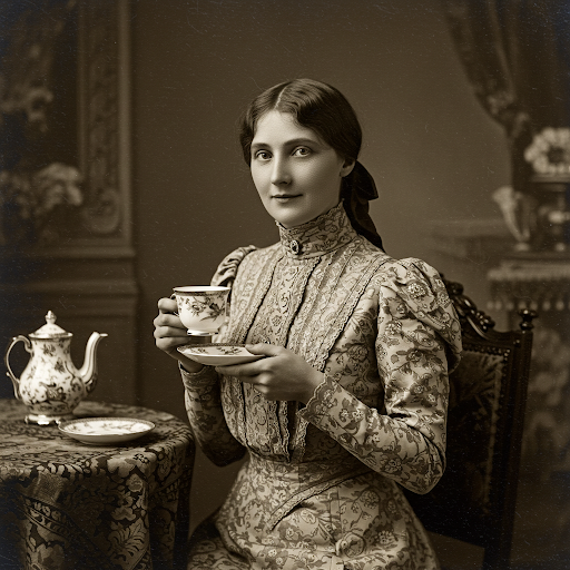 An Edwardian lady enjoys a cup of tea in an ornate interior setting. Image generated by Gemini AI