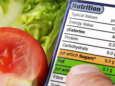 nutrition food label next to a sliced tomato and piece of lettuce