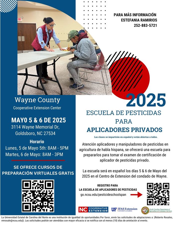Woman assists man filling form; "Escuela de Pesticidas para Aplicadores Privados 2025" May 5–6