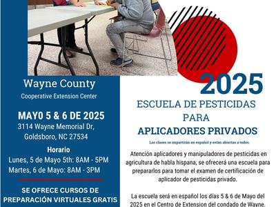 Woman assists man filling form; "Escuela de Pesticidas para Aplicadores Privados 2025" May 5–6