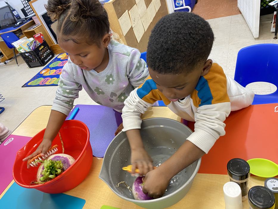 Children wash fresh vegetables in a basin.