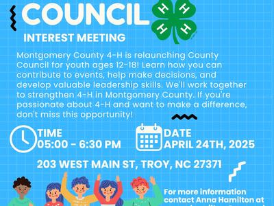 Montgomery County 4‑H Council interest meeting Apr 24, 2025 5:00–6:30 PM, 203 West Main St, Troy