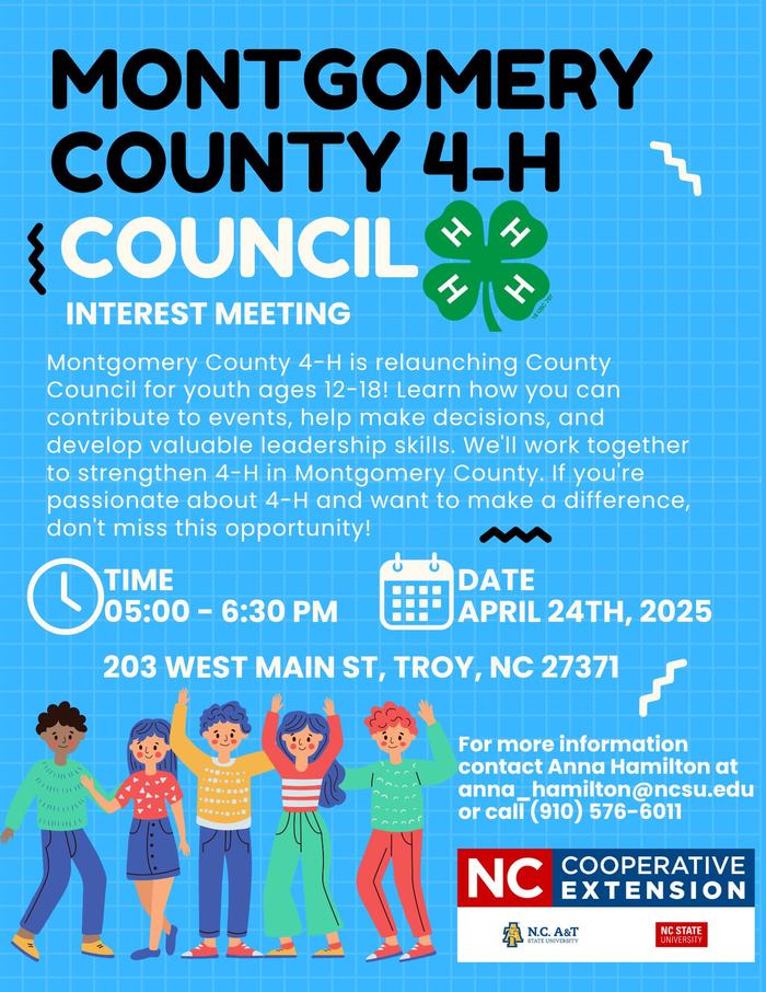 Montgomery County 4‑H Council interest meeting Apr 24, 2025 5:00–6:30 PM, 203 West Main St, Troy