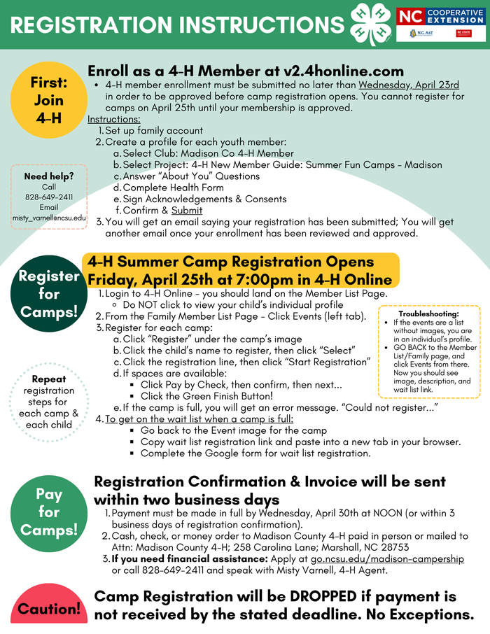 Registration Instructions — Enroll at v2.4honline.com; 4‑H camp registration opens Apr 25 7:00pm