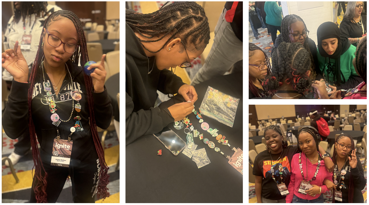 Teens decorate lanyards together.