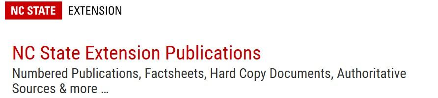 NC State Extension logo and title "NC State Extension Publications" with subheading listing publication types