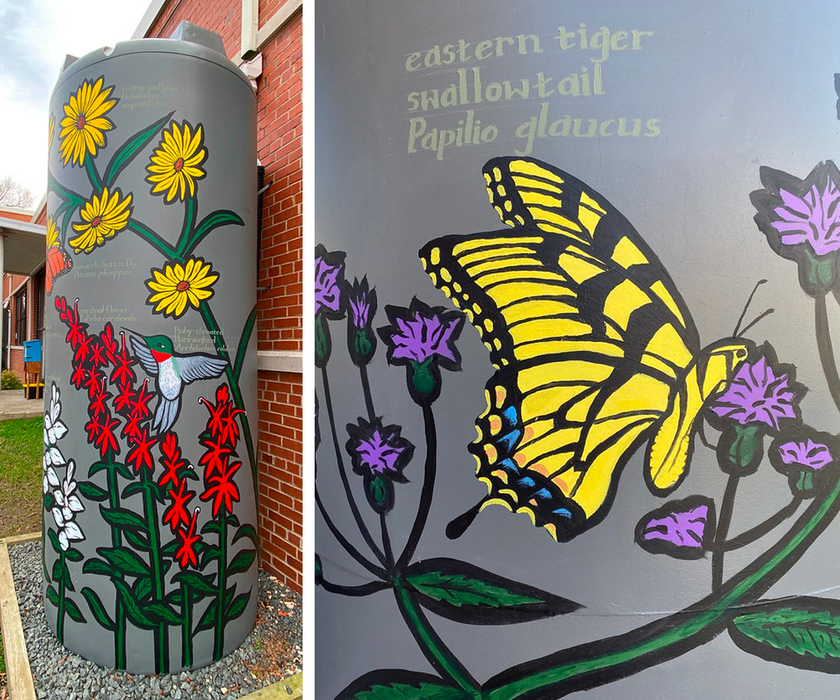 close ups of cistern murals featuring cardinalflower, a ruby-throated hummingbird and eastern tiger swallowtail butterfly