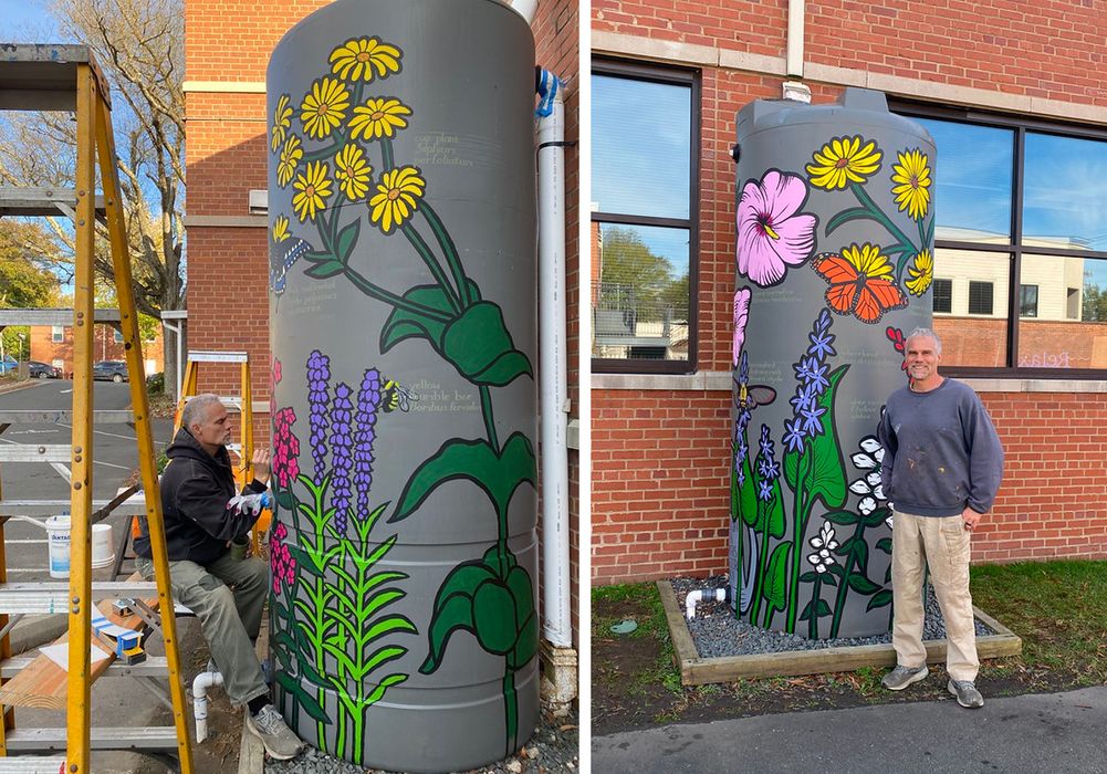 Photos of Dave standing in front of and working on the cisterns 