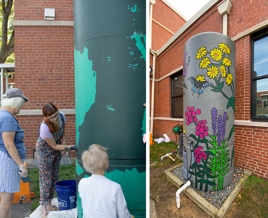 People painting a large water tank; next image shows finished floral mural with butterfly