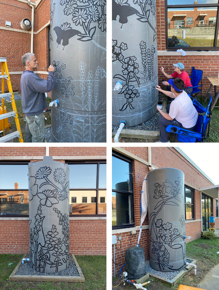 Dave, Deborah, and Lisa outlining the designs with black paint