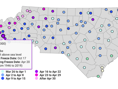 North Carolina map showing station average freeze dates by location; legend and Asheville AP details