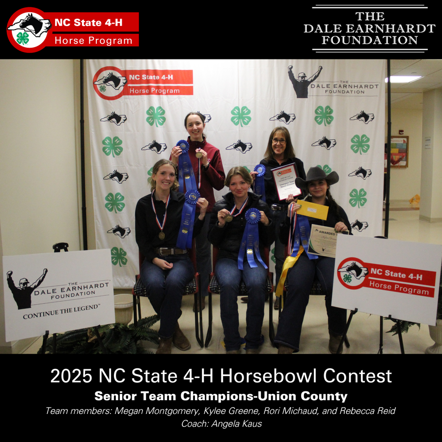 2025 NC State 4-H Horsebowl Contest  Senior Team Champions-Union County  Team members: Megan Montgomery, Kylee Greene, Rori Michaud, and Rebecca Reid  Coach: Angela Kaus
