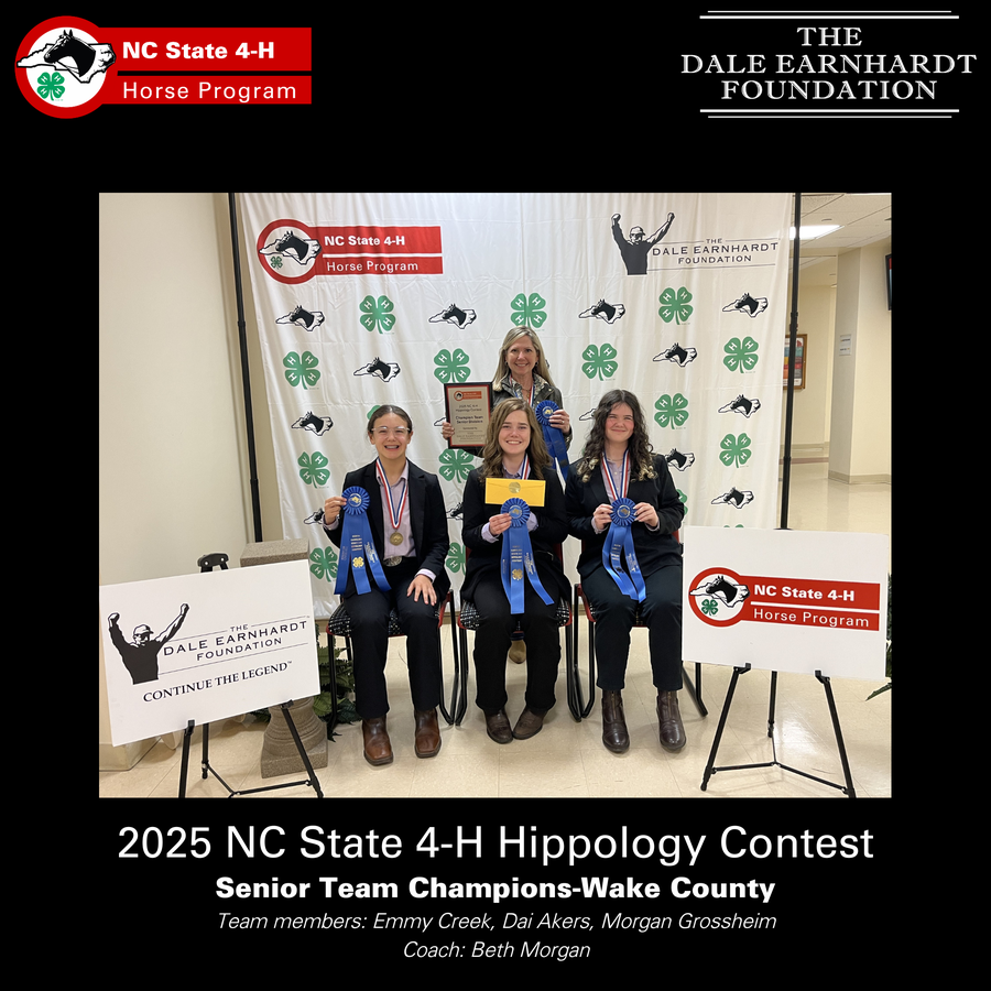 2025 NC State 4-H Hippology Contest Senior Team Champions-Wake County Team members: Emmy Creek, Dai Akers, Morgan Grossheim Coach: Beth Morgan
