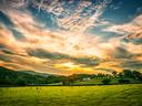 Sunset over green pasture with grazing sheep and distant farmhouse under cloud-filled sky