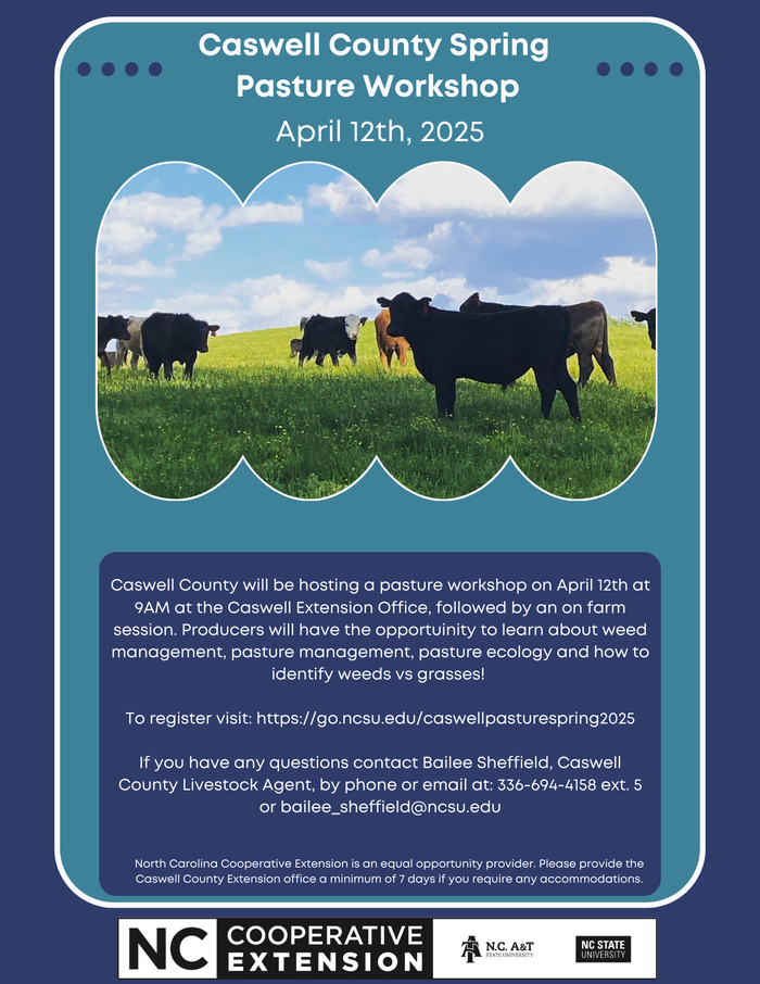 Caswell County Spring Pasture Workshop — April 12th, 2025; cows grazing; NC Cooperative Extension contact