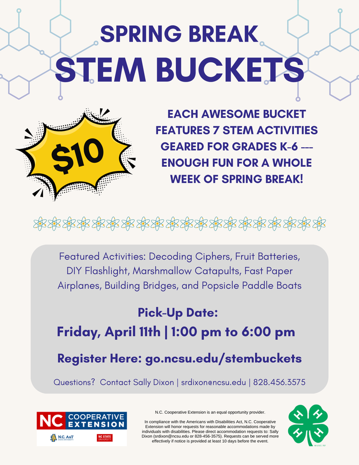 Spring Break STEM Buckets $10; Pick-up Apr 11 1–6pm; Register go.ncsu.edu/stembuckets