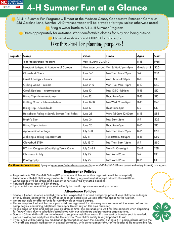 4-H Summer Fun at a Glance flyer listing camps with dates, times, ages, and costs