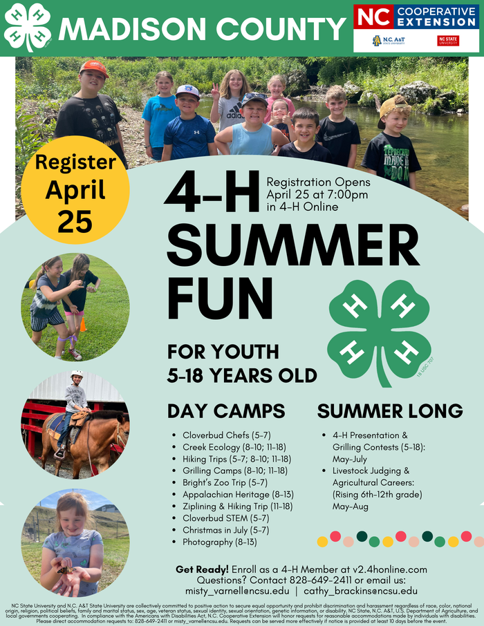 Madison County 4-H Summer Fun poster — Register April 25; youth day camps for ages 5–18