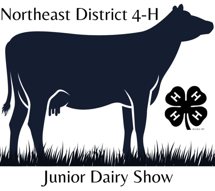 Silhouette of a dairy cow beside a 4-H clover; text "Northeast District 4-H" and "Junior Dairy Show"