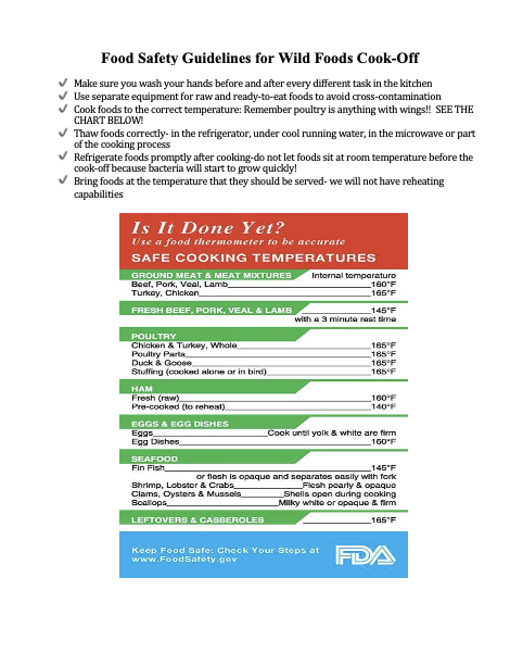 Food Safety Guidelines flyer with FDA safe cooking temperatures chart and checklist