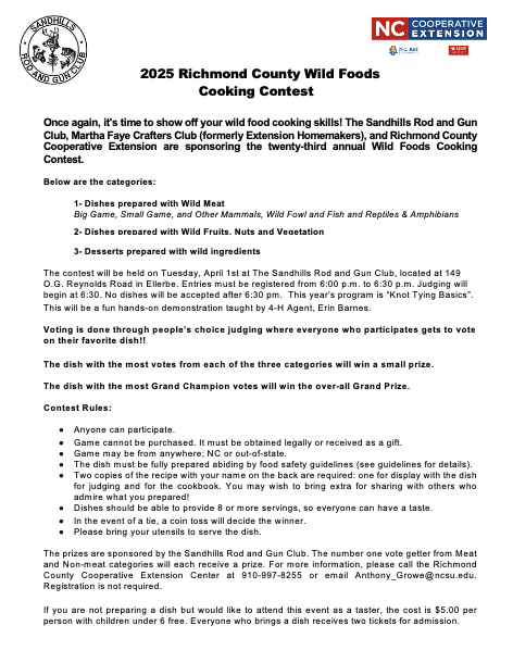 2025 Richmond County Wild Foods Cooking Contest flyer at Sandhills Rod and Gun Club