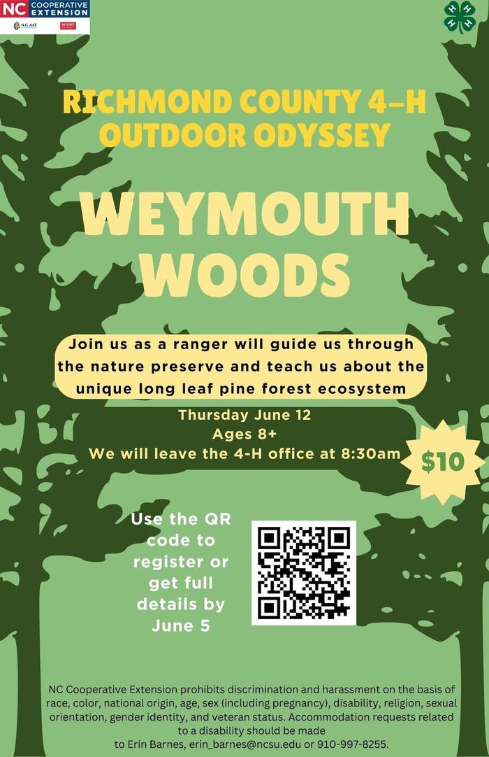 Richmond County 4-H Outdoor Odyssey Weymouth Woods flyer; June 12; $10; QR code to register