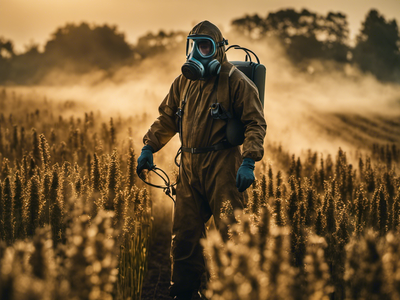 Worker in hazmat suit and gas mask spraying crops with backpack sprayer