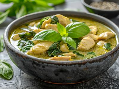 Delicious green curry with chicken and fresh basil leaves, professional photography, studio lighting, studio background, advertising photography, elegant, minimalist design, hyper realistic, isolated on white background